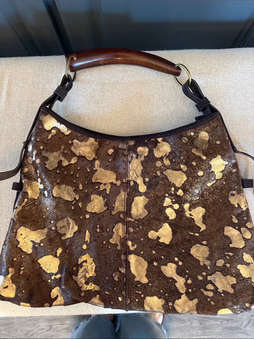 Deux Lux Brown and Gold Cowhide Shoulder Bag with Wooden Handle